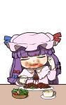  1girl bangs blunt_bangs bow bowl capelet chibi cup eating food food_on_face fork hair_bow hat long_hair long_sleeves messy mug patchouli_knowledge plate purple_hair salad solo spaghetti touhou transparent_background ume_(noraneko) 