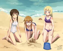  3girls artist_name bare_shoulders beach bikini blonde_hair blue_eyes breasts brown_eyes brown_hair bucket charlotte_e_yeager collarbone crab kanokoga kneeling marian_e_carl multiple_girls one-piece_swimsuit sand strike_witches swimsuit takei_junko water 