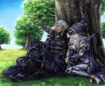  2boys arm_hug armor boots brothers cape cecil_harvey closed_eyes dissidia_final_fantasy final_fantasy final_fantasy_iv gloves golbeza highres male miyano_(homura-mk) multiple_boys pauldrons siblings sitting size_difference smile spikes tree white_hair 