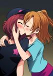  blush brown_hair closed_eyes hand_on_another&#039;s_cheek hand_on_another&#039;s_face hat kiss kousaka_honoka love_live!_school_idol_project niina_ryou nishikino_maki redhead short_hair yuri 