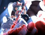  1girl ascot bat_wings blood blue_hair clenched_teeth dress hat red_eyes remilia_scarlet rikkido solo spear_the_gungnir tears touhou wings wrist_cuffs 