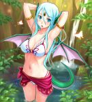  1girl aqua_hair armpits arms_up blue_eyes breasts character_request cleavage dragon_tail dragon_wings highres long_hair navel shimano_natsume shingoku_no_valhalla_gate solo tail wings 