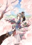  1girl black_hair blue_eyes branch cherry_blossoms cup hair_ornament japanese_clothes kimono konno_takashi_(frontier_pub) long_hair looking_back original ponytail sitting smile solo steam tree 