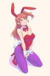  1girl animal_ears bare_shoulders blush bowtie breasts brown_hair bunny_girl bunny_tail bunnysuit cleavage detached_collar green_eyes highres kneeling long_hair looking_at_viewer oku_(okumen) pantyhose rabbit_ears sakurai_yumeko short_hair smile solo tail wrist_cuffs 