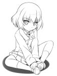  1girl blush girls_und_panzer katyusha lineart looking_at_viewer military military_uniform short_hair sitting skirt solo uniform youkan 