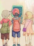 1girl 2boys ana backpack bag baseball_bat baseball_cap black_hair blonde_hair bow child dress from_behind glasses grey_hair hair_bow handbag hat hoodie loid mother_(game) mother_1 multiple_boys ninten payphone phone puffy_short_sleeves puffy_sleeves rough saji-saji-saji shirt short_sleeves short_twintails shorts striped striped_shirt sundress twintails 