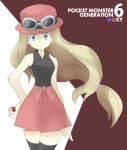  bare_shoulders blue_eyes brown_hair goggles hat poke_ball pokemon pokemon_(game) pokemon_xy serena_(pokemon) skirt souji thigh-highs 