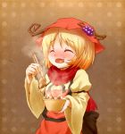  1girl aki_minoriko apron arinu blush bowl chopsticks closed_eyes eating food food_on_face fruit grapes hat juliet_sleeves long_sleeves open_mouth puffy_sleeves scarf shirt solo steam touhou wide_sleeves 
