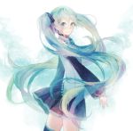 1girl chizu_(fiute) detached_sleeves green_eyes green_hair hatsune_miku headset long_hair looking_back necktie solo thigh-highs twintails very_long_hair vocaloid 