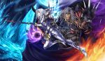  2boys armor blue_eyes boots brothers cecil_harvey dissidia_final_fantasy dragon final_fantasy final_fantasy_iv gloves golbeza grey_eyes ice magic male miyano_(homura-mk) multiple_boys pauldrons polearm siblings spear spikes weapon white_hair 