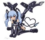  1girl :3 armor black_legwear blue_hair boots breasts busou_shinki doll_joints gloves heart heart_tail long_hair mecha_musume red_eyes saliva sinko_(sinsin) sitting smile solo tail thigh-highs thigh_boots twintails under_boob valona wariza white_background 
