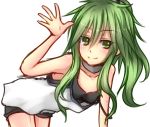  1girl bent_over blush character_request green_eyes green_hair long_hair looking_at_viewer shintani_tsushiya simple_background smile solo white_background yuu-gi-ou 