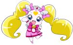 blonde_hair blue_eyes bowtie brooch candy_(smile_precure!) creature cure_candy dress hoshizora_miyuki jewelry long_hair magical_girl no_humans pink_dress precure sinko_(sinsin) skirt smile smile_precure! standing_on_one_leg twintails white_background 