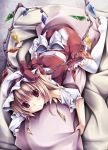  1girl blonde_hair blush body_pillow bow flandre_scarlet hat hat_bow kai_yuuki long_hair looking_at_viewer pillow pillow_hug red_eyes side_ponytail skirt smile solo thigh-highs touhou white_legwear wings zettai_ryouiki 