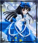 1girl :o black_hair bow capelet dress fairy_wings hair_bow hand_on_own_chest juliet_sleeves long_hair long_sleeves looking_at_viewer marker_(medium) night night_sky puffy_sleeves sky solo star star_sapphire tegaki_no_yuu touhou traditional_media wide_sleeves wings yellow_eyes 