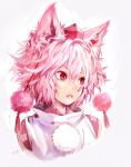  1girl animal_ears artist_name bare_shoulders bust detached_sleeves face hat inubashiri_momiji looking_away matsuda_(matsukichi) parted_lips red_eyes short_hair silver_hair simple_background solo tokin_hat touhou wolf_ears 