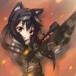  1girl black_hair brown_eyes facepaint gloves goggles goggles_on_head gun highres k-on! long_hair nakano_azusa rifle roro_rosset scope sniper_rifle twintails weapon 