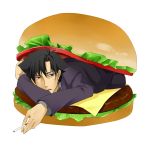 1boy black_eyes black_hair cigarette emiya_kiritsugu facial_hair fate/zero fate_(series) food hamburger komathi solo stubble 