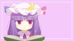  1girl :&lt; blush book bow crescent hair_bow hat highres long_hair patchouli_knowledge pink_eyes purple_hair solo touhou ume_(noraneko) 