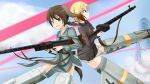  2girls back-to-back blonde_hair blue_eyes brown_eyes brown_hair clenched_teeth erica_hartmann gertrud_barkhorn gun highres laser machine_gun military military_uniform multiple_girls panties puriniih short_hair strike_witches striker_unit teeth thighs underwear uniform weapon white_panties 