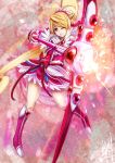  1girl aida_mana blonde_hair bow bow_(weapon) choker cure_heart dokidoki!_precure grin half_updo kuma_no_hito long_hair magical_girl pink_eyes ponytail precure smile weapon wink 