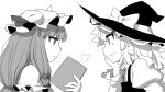  blush book bow braid chin_rest closing_book crescent hair_bow hat kirisame_marisa long_hair looking_at_another monochrome open_mouth patchouli_knowledge smile touhou ume_(noraneko) witch_hat yellow_eyes 