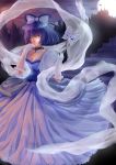  1girl absurdres adapted_costume alternate_costume aqua_eyes blue_hair bow breasts castle choker cleavage evening_gown formal full_moon gloves hair_bow hair_rings highres kaku_seiga lips luobo1220 mask moon shawl solo stairs touhou 