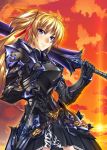  1girl armor armored_dress blonde_hair blue_eyes clouds cloudy_sky gauntlets gloves hair_ribbon highres knight light_smile long_hair looking_at_viewer merufena original pauldrons ribbon short_twintails sky smile solo standing sunset sword tagme twintails weapon 