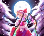  1girl arms_behind_back azuki-taste blonde_hair bow cherry_blossoms closed_eyes crossed_arms fang flandre_scarlet full_moon grin hat hat_ribbon head_tilt highres mob_cap moon night ribbon skirt skirt_set smile solo touhou tree wind wings 