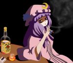  1girl alcohol bags_under_eyes cigarette commentary_request crescent hat k-o long_hair patchouli_knowledge purple_hair smoke smoking solo table touhou whiskey 