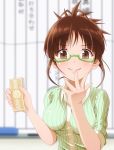  1girl akizuki_ritsuko blush breasts brown_eyes brown_hair glasses idolmaster money noukatu smile solo 