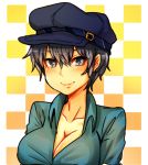  1girl blue_eyes blue_hair breast_lift breasts cabbie_hat cleavage collarbone dress_shirt hat kataro light_smile lowres open_clothes open_shirt persona persona_4 portrait shirogane_naoto shirt short_hair smile solo 