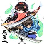  1boy 1girl amado_(shin) armor black_hair breasts brown_eyes brown_hair flower gauntlets hair_comb hair_flower hair_ornament hitodama japanese_clothes katana kimono kisuke kusazuri momohime oboro_muramasa scarf sheath skull sode sword translated weapon 