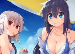  2girls adyisu altair_floone area_aquamarine bangs bare_shoulders beach_umbrella bikini black_bikini black_hair blue_bikini blue_eyes blush breasts cleavage closed_mouth collarbone commentary_request cream day eating eyebrows_visible_through_hair food frilled_bikini frills fruit horns large_breasts long_hair looking_at_viewer mouth_hold multiple_girls off_shoulder original outdoors red_eyes smile strawberry swimsuit twitter_username umbrella upper_body white_hair 