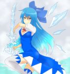  1girl adult alternate_hair_length alternate_hairstyle blue_dress blue_eyes blue_hair blue_sky bow breasts cirno cleavage clouds dress hair_bow i_b_b_e ice_sword long_hair looking_at_viewer puffy_short_sleeves puffy_sleeves ribbon short_sleeves sky smile solo thigh-highs touhou wings 