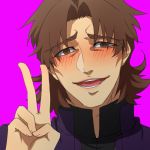  1boy ahegao aoimio blush brown_eyes brown_hair fate/stay_night fate_(series) kotomine_kirei lowres solo v 