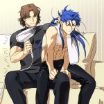  2boys blue_hair brown_hair fate/stay_night fate_(series) frown hair_dryer kotomine_kirei lancer long_hair multiple_boys ponytail red_eyes sexy44 