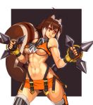  1girl ahoge animal_ears bare_shoulders belt blazblue blazblue:_continuum_shift breasts brown_hair highres makoto_nanaya navel ogami red_eyes solo squirrel_ears squirrel_tail striped striped_legwear tail thighhighs toned underboob 