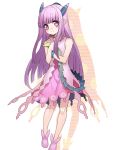  1girl bangs blunt_bangs blush dress erubo flat_chest hands_on_own_chest horns long_hair looking_at_viewer milreaf pink_eyes pointy_ears purple_hair simple_background smile solo summon_night summon_night_4 tail white_background 