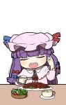 1girl bangs blunt_bangs bow bowl capelet chibi cup eating food fork hair_bow hat long_hair long_sleeves mug open_mouth patchouli_knowledge plate purple_hair salad solo spaghetti touhou transparent_background ume_(noraneko) 