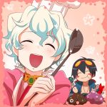  1boy 1girl blush_stickers chef_hat closed_eyes eating food goggles goggles_on_head hat nia_teppelin open_mouth simon smile tengen_toppa_gurren_lagann umapan young 