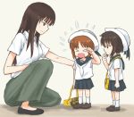  &gt;_&lt; 3girls black_eyes black_hair brown_eyes brown_hair child crying girls_und_panzer hat long_hair mother_and_child mother_and_daughter multiple_girls mutsu_(layergreen) nishizumi_maho nishizumi_miho nishizumi_shiho open_mouth sailor_collar sailor_hat short_hair siblings sisters sweatdrop uniform wavy_mouth younger 