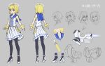  1girl bangle black_legwear blonde_hair bracelet character_sheet expressions fearless_night gun halo high_heels highres jewelry pantyhose pas_(paxiti) sailor_collar shoes short_hair simple_background skirt sleeveless smile solo uri_(fearless_night) violet_eyes weapon 