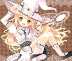  1girl adapted_costume alternate_color argyle argyle_background blonde_hair bow braid brown_background checkered_shirt hair_bow hand_on_hat hat hat_ribbon hazakura_satsuki kirisame_marisa knees_together_feet_apart knees_up lace_border layered_clothing long_hair looking_at_viewer magic_circle mary_janes open_mouth puffy_sleeves ribbon shoes simple_background single_braid skirt socks solo touhou vest wand witch_hat yellow_eyes 