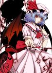  1girl ascot bat_wings blue_hair brooch dress hat hat_ribbon jewelry looking_at_viewer ominous_shadow outstretched_arm outstretched_hand pink_dress puffy_sleeves red_eyes red_nails remilia_scarlet ribbon sash sawade shadow short_hair short_sleeves slit_pupils smile solo touhou wings 