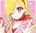  1girl ;d blonde_hair blue_eyes breasts cleavage earrings fujimoto_rina hairband haya7m idolmaster idolmaster_cinderella_girls jewelry long_hair microphone necklace open_mouth scarf smile solo v wink 