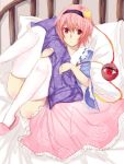 1girl artist_request bed dress floral_print frills headband heart holding komeiji_satori lowres pillow short_hair slippers solo thigh-highs thighs third_eye touhou traditional_media wide_sleeves 