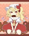  1girl ascot between_legs blonde_hair blush bow chocolate chocolate_heart fang flandre_scarlet hand_between_legs hat heart heart-shaped_pupils highres monako_(uma_speech) mouth_hold puffy_short_sleeves puffy_sleeves red_eyes short_hair short_sleeves side_ponytail skirt slit_pupils smile solo symbol-shaped_pupils touhou v_arms valentine wings 