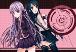  2girls blue_eyes blue_hair box braid dangan_ronpa hair_ornament hair_ribbon hairclip jacket kirigiri_kyouko long_hair maizono_sayaka multiple_girls necktie open_mouth purple_hair ribbon school_uniform serafuku side_braid smile suzushiro_kurumi thigh-highs violet_eyes zettai_ryouiki 