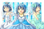  1girl :d bare_shoulders blue_eyes blue_hair bow breasts cape choker cleavage closed_eyes collarbone crown dress flower gloves hair_bow hair_flower hair_ornament jewelry mahou_shoujo_madoka_magica miki_sayaka necklace open_mouth pearl_necklace pokopokoko short_hair smile veil wink 